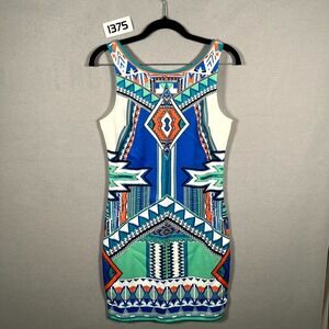 Peach Puff Bodycon Dress Womens Medium Multicolor Geometric Tribal Print Front